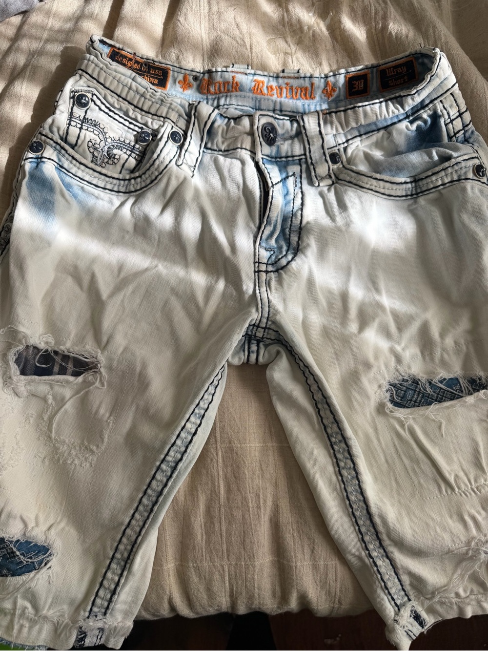 Rock Revival White Distressed Denim Jean Shorts with Blue Wash